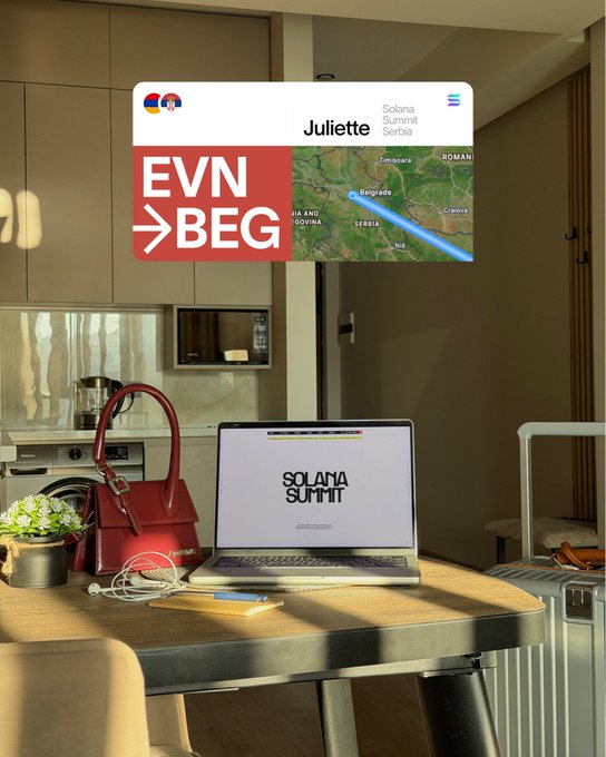 A laptop on a kitchen table displaying 'Solana Summit' next to a red handbag, with a card on screen showing the 'EVN → BEG' flight route to Belgrade for the Solana Summit in Serbia.