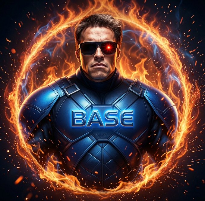 The image features a man wearing sunglasses, a blue suit with "BASE" written across his chest, and a fire-like effect surrounding him. The background of the image is black, which contrasts with the bright blue color of the suit and the fiery effect around him. The caption at the bottom of the image reads: "GM Web3 Another day. Another battlefield. Let's run it!!! ( @base )". This suggests that the man in the suit might be a character from a video game or an animated series, possibly representing a superhero or a powerful figure who is ready to take on any challenge thrown their way.