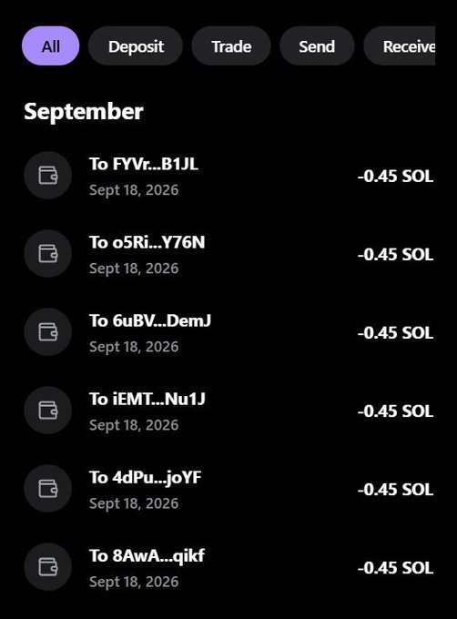 Mobile cryptocurrency wallet transaction history showing multiple September 18, 2026 'Send' transactions of -0.45 SOL each, with filter tabs for All, Deposit, Trade, Send, and Receive.