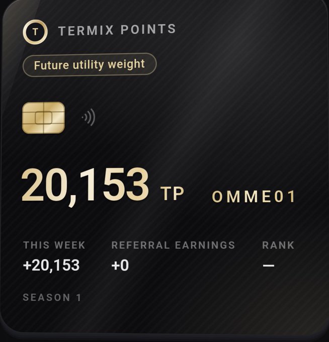 A digital card displaying 'TERMIX POINTS' with 'Future utility weight' badge, showing a balance of 20,153 TP for user 0MME01, with +20,153 this week, Season 1.