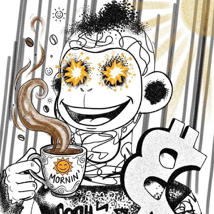 A black and white sketch-style illustration of a smiling character with star-shaped sunglasses, holding a coffee mug labeled 'MORNIN' with a sun logo and a dollar sign symbol, surrounded by rising steam and coffee beans.
