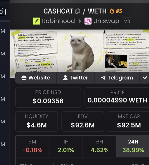 A cryptocurrency tracking page for CASHCAT / WETH on Uniswap V3, featuring a white cat meme, showing price at $0.09356, FDV of $92.6M, and a 24H increase of 38.99%.