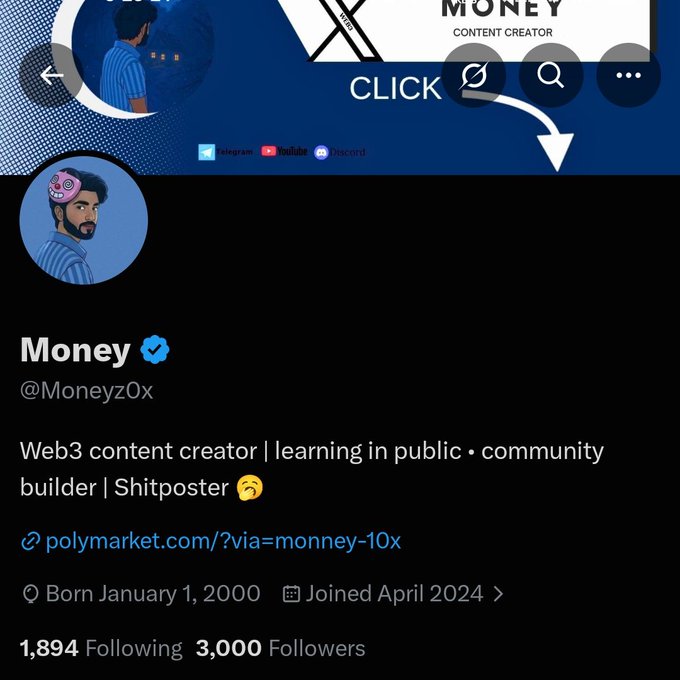 A screenshot of a verified X profile for "Money" (@Moneyz0x), a Web3 content creator, celebrating reaching 3,000 followers after joining in April 2024, with an overlay arrow pointing to the edit button. The image visually represents the milestone mentioned in the post about hitting 3K followers through consistency and hard work in the web3 space.