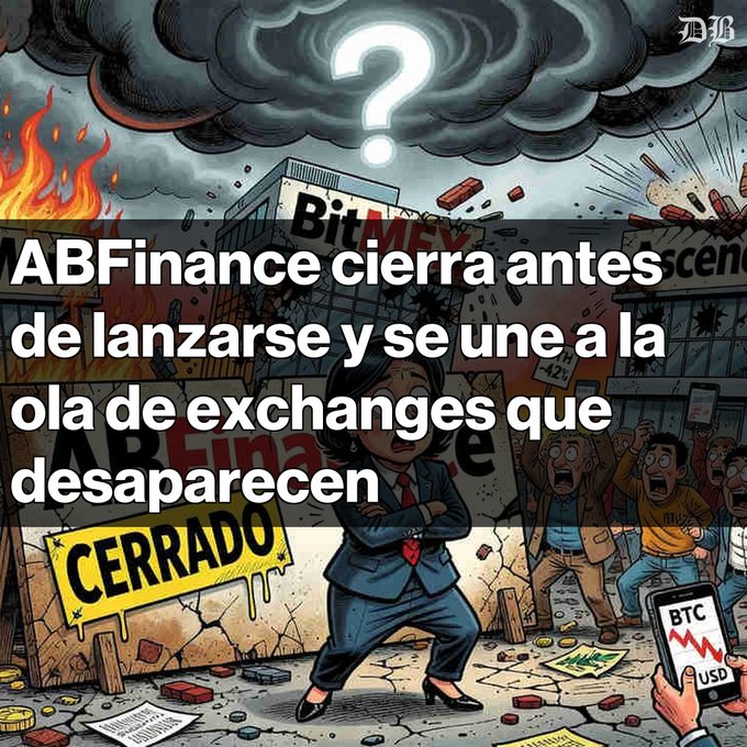 A cartoon image with Spanish text 'ABFinance cierra antes de lanzarse y se une a la ola de exchanges que desaparecen' depicting a closed exchange with a 'CERRADO' sign and people watching a declining BTC/USD chart.