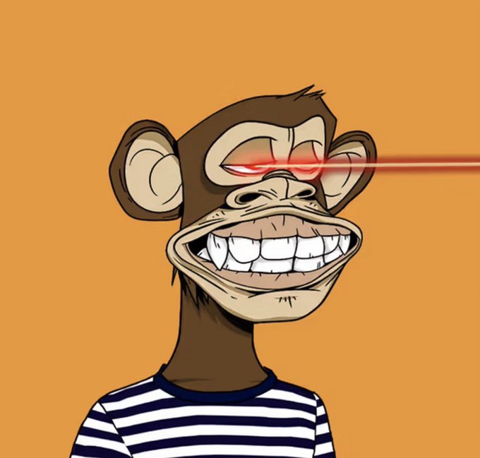 Digital artwork of a cartoon monkey wearing a striped blue and white shirt, featuring glowing red laser eyes shooting a beam to the right against a solid orange background.