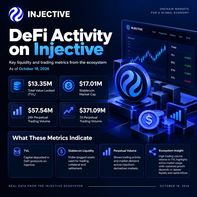 A promotional infographic for "INJECTIVE" titled "DeFi Activity on Injective" dated October 18, 2026, showing metrics including $13.35M TVL, $17.01M Stablecoin Market Cap, $57.54M 24h volume, and $371.09M 7d perpetual trading volume.