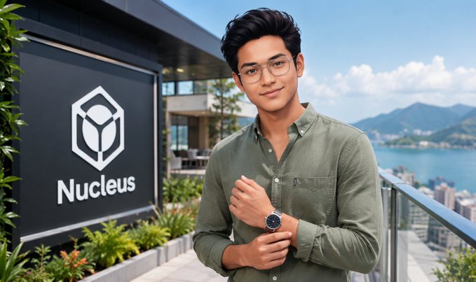 A young man wearing glasses and a green shirt standing on a balcony with a coastal city view, beside a sign displaying the Nucleus logo.