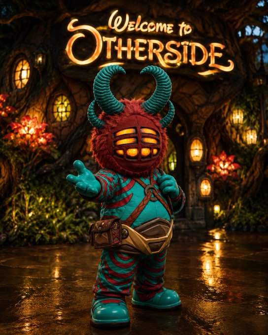 A whimsical mascot character with horns and a red furry face welcomes viewers to "Otherside" in front of a glowing treehouse.