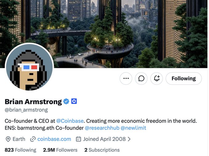 A Twitter/X profile screenshot for Brian Armstrong (@brian_armstrong), Co-founder & CEO of @Coinbase, showing 2.9M followers and a futuristic green cityscape cover image.