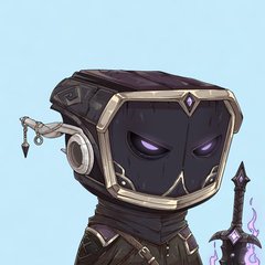 A small cartoon knight character wearing a dark, ornate helmet with glowing purple eyes, with a key hanging from the side and a purple-glowing sword visible at the bottom right.