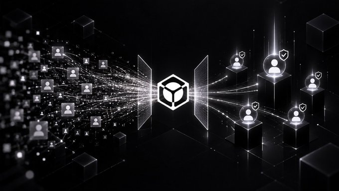 A digital graphic illustrating user authentication and data filtering, showing user profile icons on the left being processed through a central cube icon and emerging as verified users with checkmarks on the right.