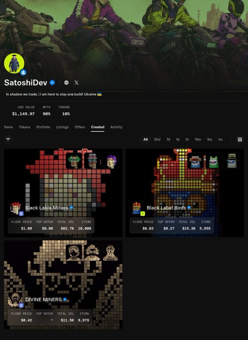 A screenshot of a profile named 'SatoshiDev' showing pixel art NFT collections including 'Black Labie Miners', 'Black Label Birds', and 'DIVINE MINERS' with floor prices and volumes listed.