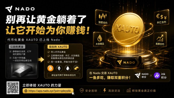A Nado promotional graphic in Chinese advertising tokenized gold 'XAUTO', listing features like encrypted contracts, forex contracts, crude oil, and stock contracts.