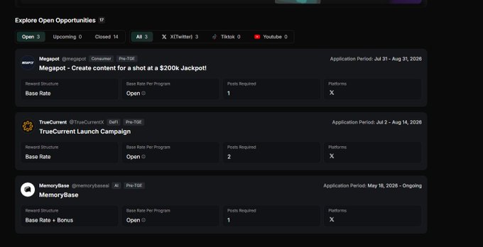 A dark-themed web interface titled 'Explore Open Opportunities 19' displaying three crypto airdrop campaigns: 'Megapost - Create content for a shot at a $200k Jackpot!' by @megapost_consumer, 'TrueCurrent Launch Campaign' by @TrueCurrentX_DeFi, and 'MemoryBase' by @memorybasesui, all marked as Pre-TGE.
