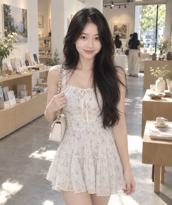 A young woman with long dark hair wearing a white floral mini dress and carrying a small white handbag, posing in what appears to be a boutique or retail store.