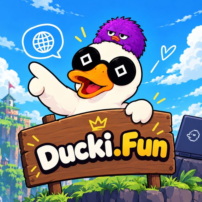 A cartoon logo features a white duck wearing sunglasses with a purple bird on its head, holding a wooden sign that reads 'Ducki.Fun'.