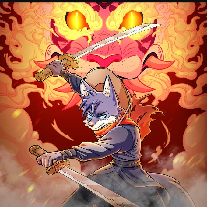 An anime-style illustration of a wolf warrior wielding two swords in front of a fiery demonic oni mask background.