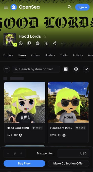 A screenshot of the OpenSea NFT marketplace showing the 'Hood Lords' collection, with two NFTs priced at $21.82 and $23.19.