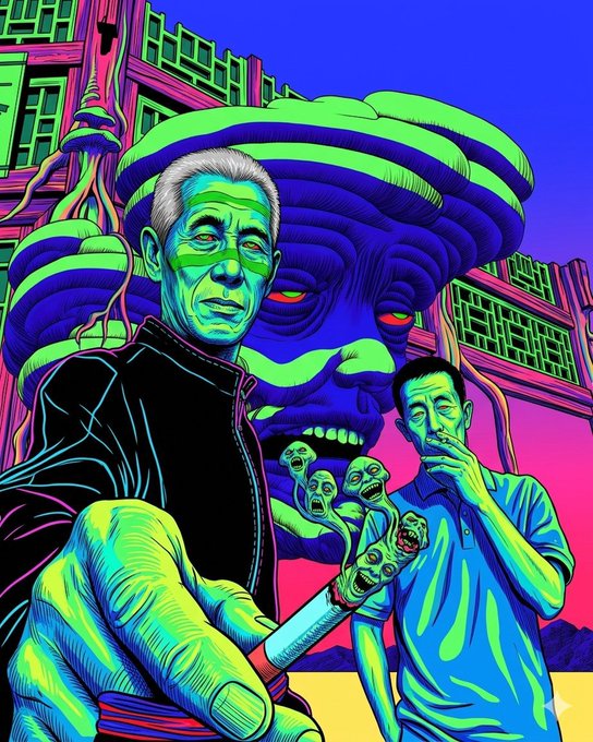 A vibrant, psychedelic digital illustration of two men in front of a monstrous green face, with one holding a knife adorned with small screaming faces.