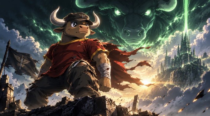 Fantasy illustration of a horned warrior in a red cape standing on a rocky outcrop, with a glowing-eyed spectral bull in green clouds and a distant castle behind.