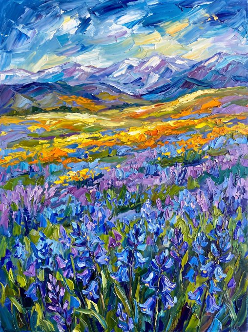 An impressionist-style oil painting depicting a vibrant field of blue and purple wildflowers with mountains in the background under a cloudy sky.