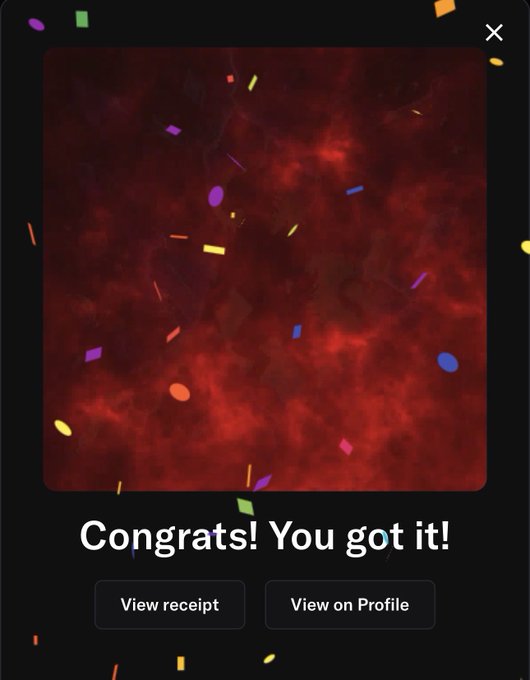 A 'Congrats! You got it!' confirmation screen with red confetti background, showing options to 'View receipt' and 'View on Profile'.