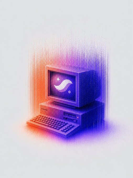 A stylized, colorful illustration of a vintage desktop computer with a keyboard and monitor, rendered in a pixelated, dotted texture with a gradient of orange to purple colors.