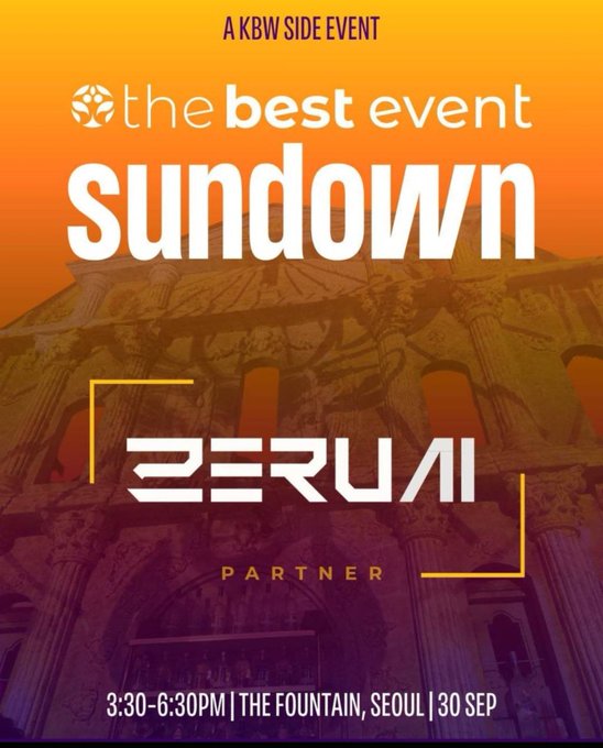 An event poster with an orange and purple gradient background over an image of ancient ruins. The text reads 'A KBW SIDE EVENT', 'the best event sundown', 'ZERUMI PARTNER', and '3:30-6:30PM | THE FOUNTAIN, SEOUL | 30 SEP'.