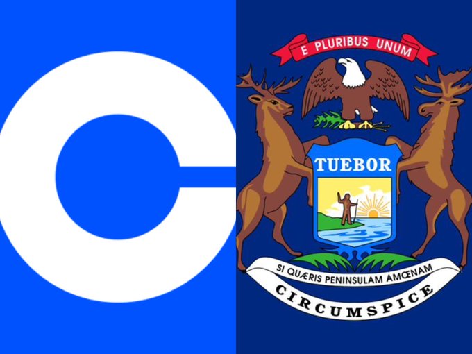 The image shows a split flag with a blue 'C' logo on the left and a modified Michigan state coat of arms with 'TUEBOR' and a 'CIRCUMSPICE' banner on the right.