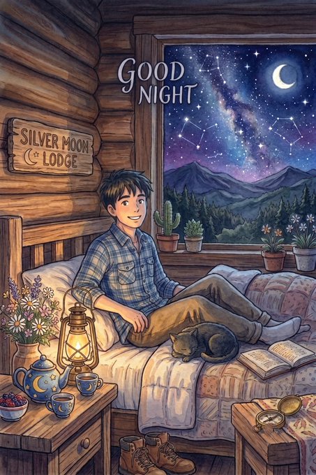 Illustrated 'Good Night' greeting card showing a boy relaxing on a bed in a log cabin labeled 'Silver Moon Lodge,' with a cat, lantern, tea set, and a starry night sky visible through the window.