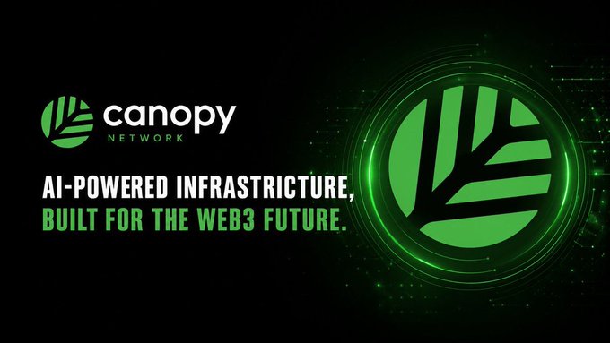 A promotional graphic for 'Canopy Network' featuring a green leaf logo with the tagline 'AI-POWERED INFRASTRUCTURE, BUILT FOR THE WEB3 FUTURE.'
