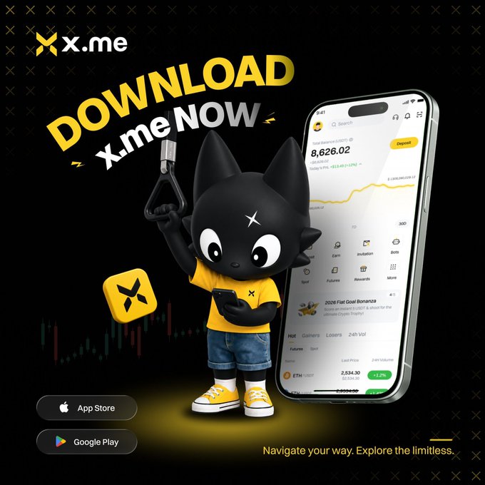 An advertisement for the X.me app showing a black cat character in a yellow shirt and shorts holding a phone, alongside the tagline "DOWNLOAD X.me NOW - Navigate your way. Explore the limitless." with App Store and Google Play badges.