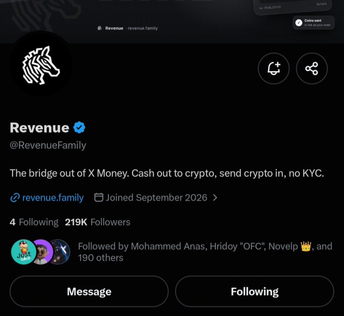 An X profile page for 'Revenue' (@RevenueFamily) with a verified blue checkmark, a bio stating 'The bridge out of X Money. Cash out to crypto, send crypto in, no KYC', and 219K followers.