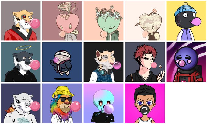 A grid of 15 cartoon avatars/characters in various styles, many featuring pink bubblegum, displayed in colorful square panels.