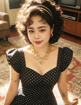 A woman with curly brown hair wearing a black polka dot dress with puffed sleeves and a gold geometric necklace, posing indoors on a patterned rug.