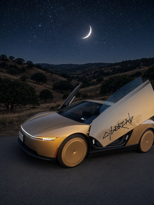 A futuristic gold sports car with scissor doors open and graffiti reading 'CYBERAY' parked on a road at night under a crescent moon.