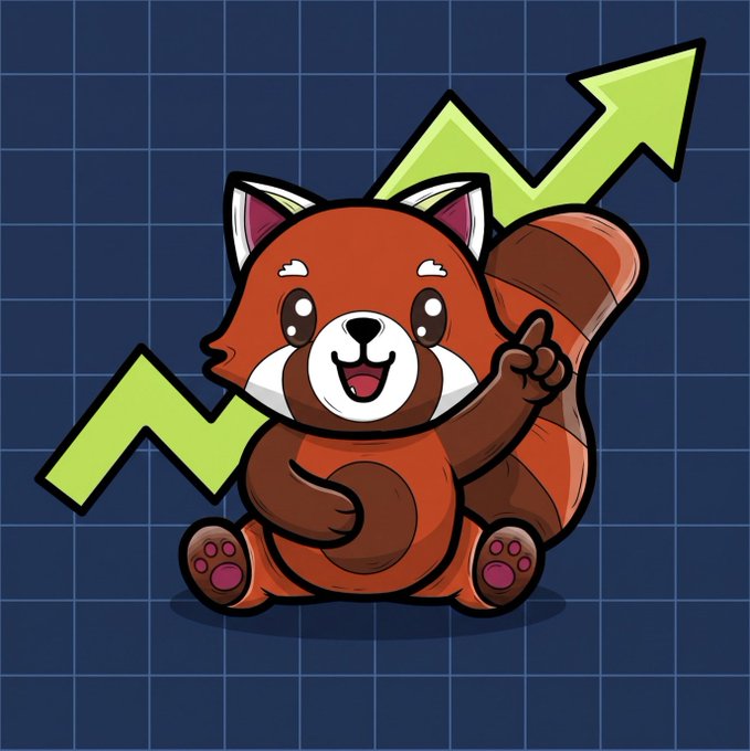 A cartoon illustration of a cute red panda pointing upward next to a green, upward-trending arrow on a dark blue grid background, symbolizing bullish market growth.