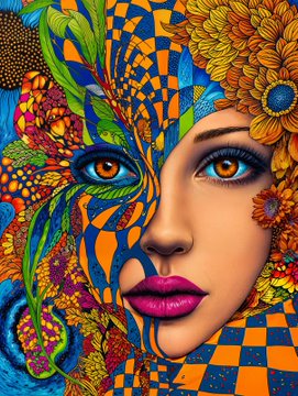 A woman's face painted in a colorful, artistic style with an abstract design covering most of her face and resembling a checkerboard pattern. The woman has vibrant lipstick that stands out against the background colors. Above this, there are small details such as flowers at the corners of the image. The post appears to be related to artwork or possibly fashion, as it features the text "GM Phygital Exclusive | ART + T-SHIRT Own a 1/1 artwork + premium t-shirt Featuring works by @NFTSunage @zizo_photograph @marya_art_ @Boundless8D @lady_cafe1".