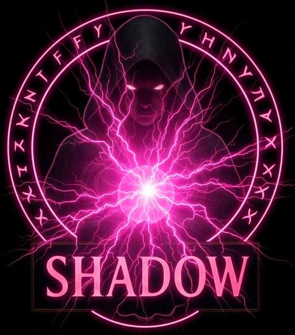 A pink neon-styled graphic featuring a hooded shadowy figure surrounded by lightning bolts, encircled by runes, with the word 'SHADOW' displayed prominently at the bottom.