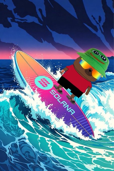 An illustration of a Pepe-style frog character wearing a green bucket hat and sunglasses, surfing on a Solana-branded surfboard riding a wave at sunset.