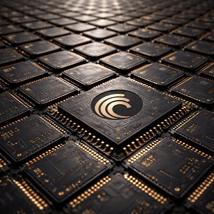 A 3D illustration of a black computer chip with a gold logo on top, placed among an array of similar smaller chips.