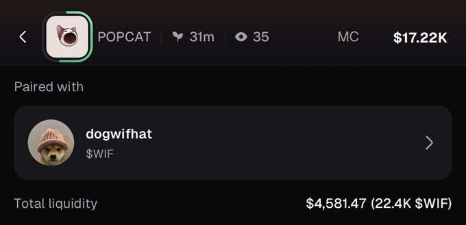 A crypto trading interface shows the POPCAT token paired with dogwifhat ($WIF), with a market cap of $17.22K and total liquidity of $4,581.47.
