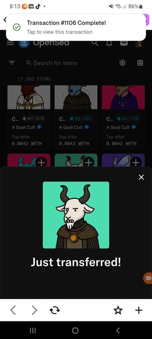 A mobile screenshot shows an NFT marketplace transaction confirmation for 'A Goat Cult' with the message 'Just transferred!' and transaction #1106.