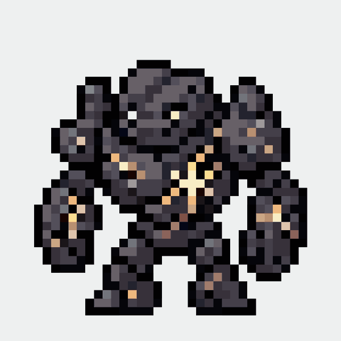 A pixel art illustration of a dark, armored mech-like character with glowing orange accents on its chest and limbs against a white background.