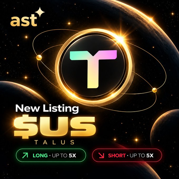 A space-themed cryptocurrency listing announcement for 'ast' featuring the Talus (US) token logo, with trading options for 'LONG UP TO 5X' and 'SHORT UP TO 5X'.