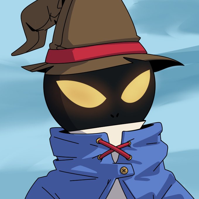 A digital illustration shows a stylized black ninja-like character with glowing yellow eyes wearing a blue cloak and a brown witch's hat with a red band.