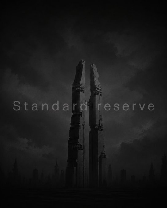 Dark, moody image of a tall futuristic skyscraper against a stormy black sky, with 'Standard reserve' text overlaid across the center.
