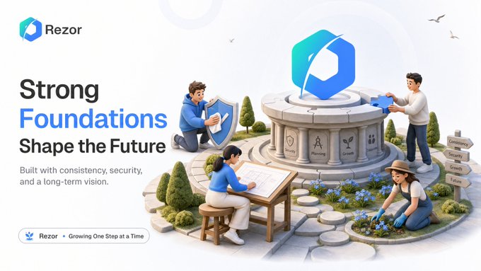A promotional graphic for Rezor featuring a stylized 3D illustration of four people working together around a stone pedestal displaying the Rezor logo, symbolizing collaboration and building strong foundations. The text reads "Strong Foundations Shape the Future" with the tagline "Built with consistency, security, and a long-term vision," reinforcing the post's message about Rezor's blockchain ecosystem.