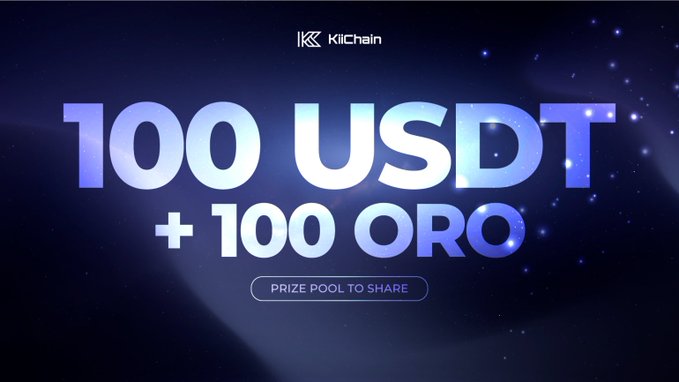 A dark promotional graphic from KiiChain displays "100 USDT + 100 ORO" as a "Prize Pool to Share" in glowing blue text, visually advertising the cryptocurrency giveaway contest where participants enter by liking, reposting, and commenting with their wallet details and the hashtag #KiiGiveaway.