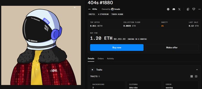 An NFT listing for '404s #1880' showing an astronaut character with a '404' jacket, listed at 1.20 ETH ($2,253.32) on what appears to be an Ethereum marketplace.
